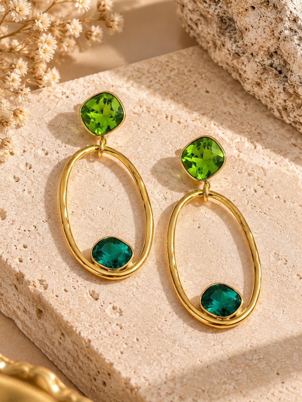 Gold Drop Earrings with Green and Teal Stones - Picture 6 of 6